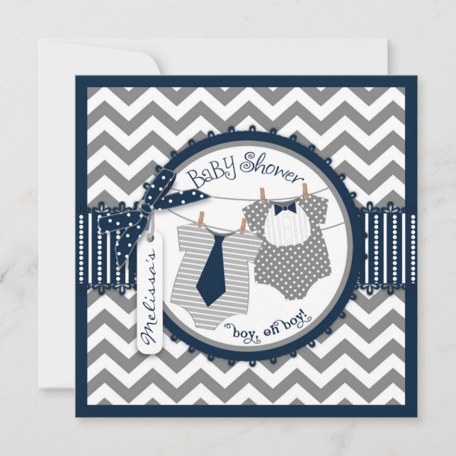 Invitación Chevron Ties de niños gemelos Imprimir Baby Shower (Anverso)