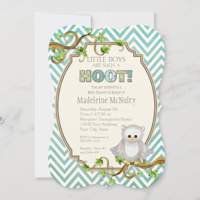 Invitación Chevron Tirado Lechuza Lechuza Pequeños Chicos Bab (Anverso)