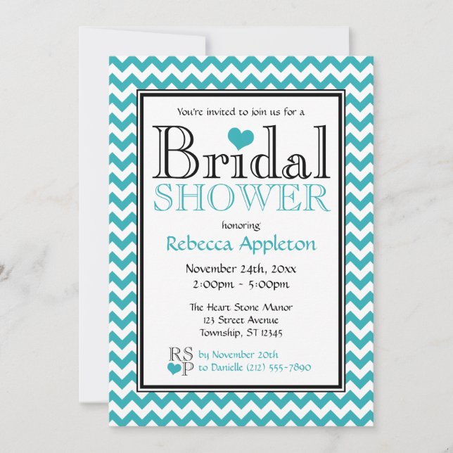 Invitación Chevron Turquoise & White Bridal Shower (Anverso)