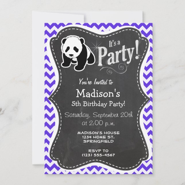 Invitación Chevron Violeta Azul; Panda (Anverso)