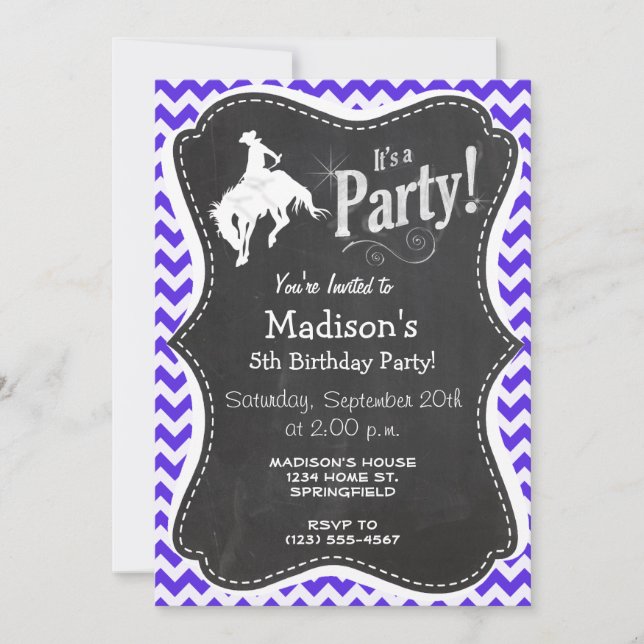 Invitación Chevron Violeta Azul; Rodeo (Anverso)