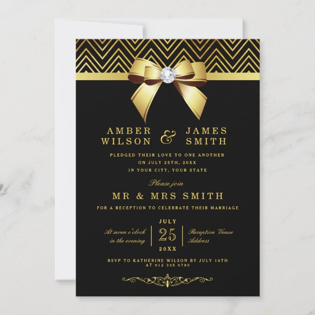 Invitación Chevrons de oro negro doblan sólo la recepción de  (Anverso)