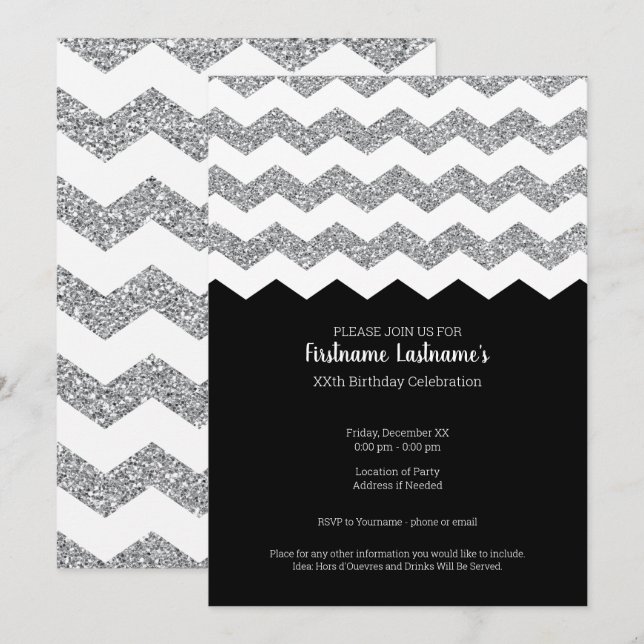 Invitación Chevrons, Purpurina negro y plata, fiesta de cumpl (Anverso / Reverso)