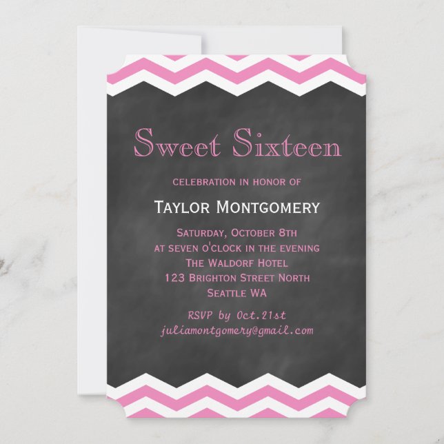 Invitación Chevrons rosados en Chalkboard Sweet 16 Invitados (Anverso)