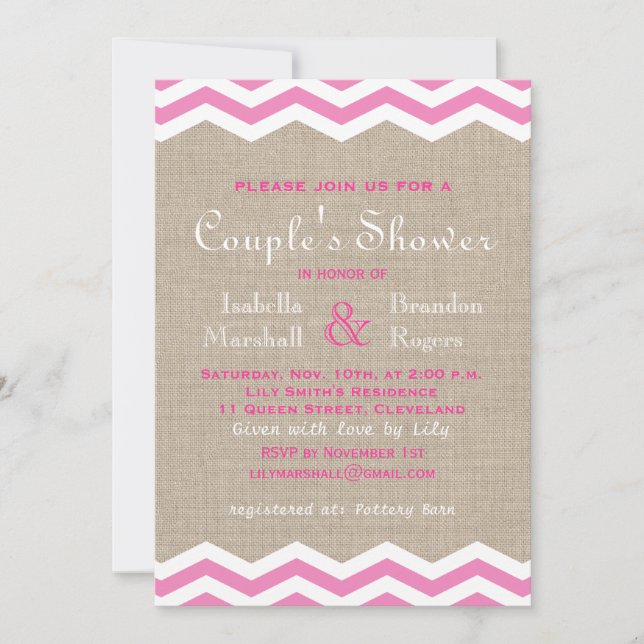 Invitación Chevrons rosados en la ducha de la pareja Burlap I (Anverso)