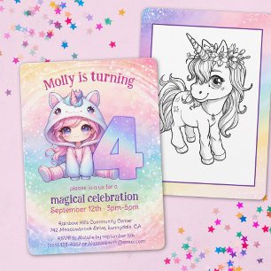 Invitación Chibi chica arcoiris, Unicornio, cuarto cumpleaños
