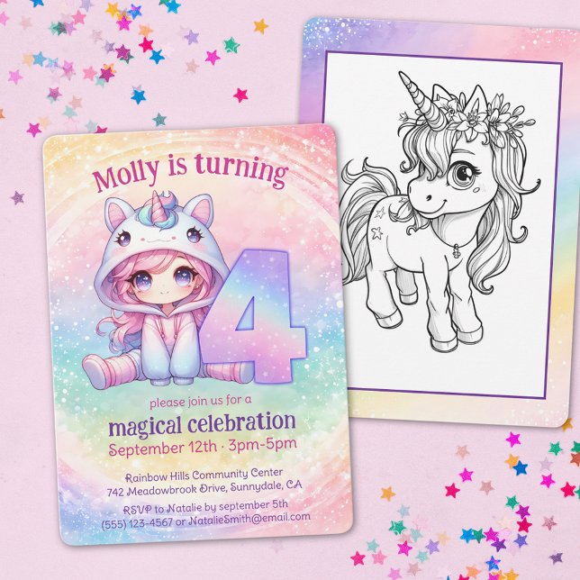Invitación Chibi chica arcoiris, Unicornio, cuarto cumpleaños (Subido por el creador)