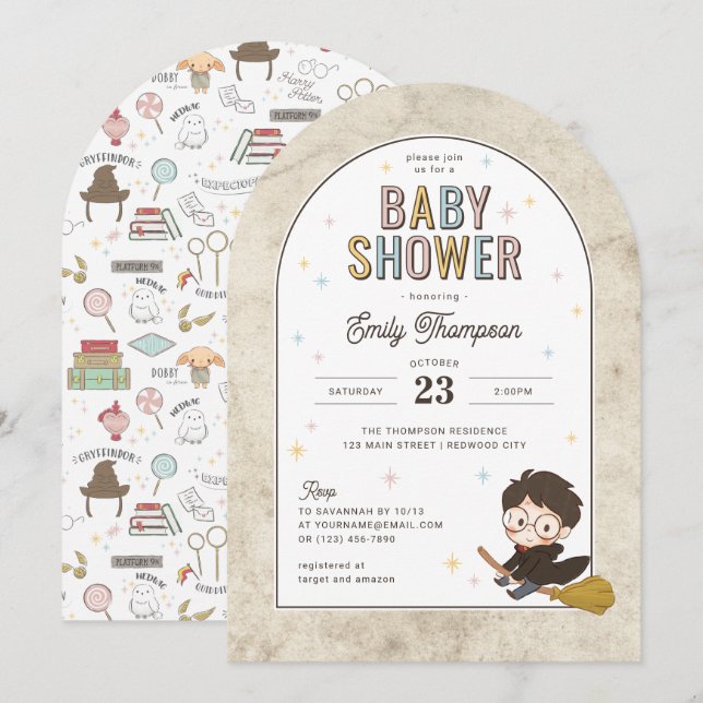 Invitación Chibi Harry Potter Ducha de Bebé Mágico (Anverso / Reverso)