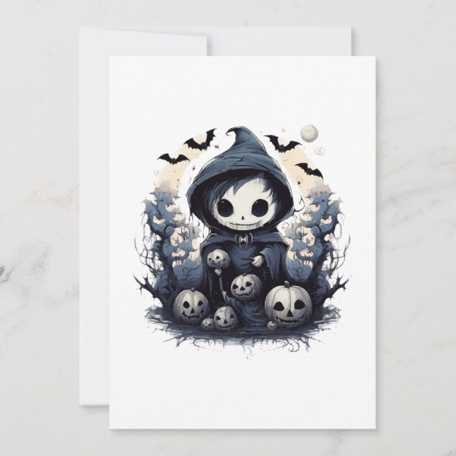 Invitación Chibi Hooded Reaper Halloween - Whimsical Dark Fan (Anverso)