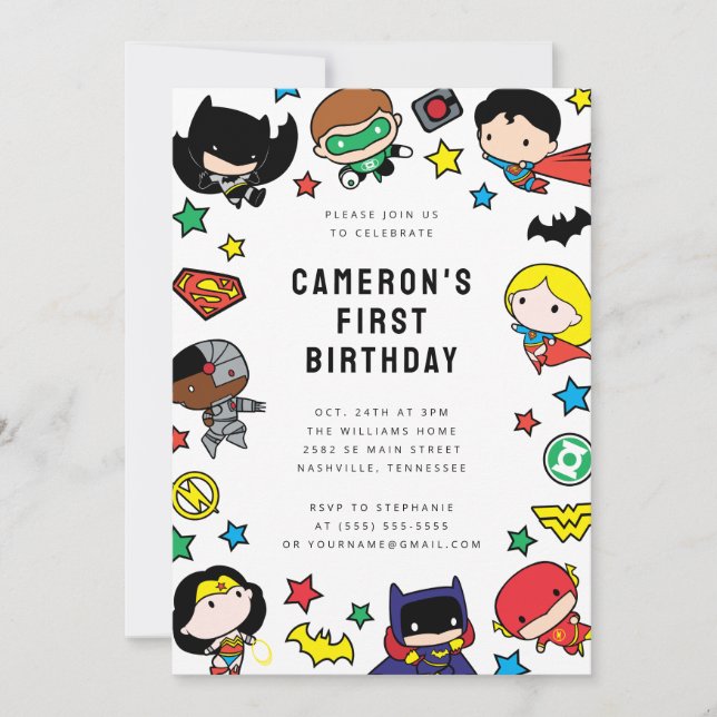 Invitación Chibi Juez League Kids Cumpleaños (Anverso)
