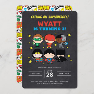 Invitación Chibi Justice League Chalkboard Birthday Invitatia