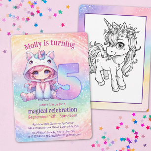 Invitación Chibi mágico arcoiris chica Unicornio 5 años