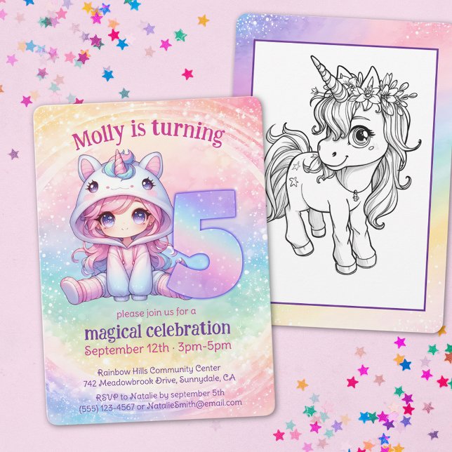 Invitación Chibi mágico arcoiris chica Unicornio 5 años (Subido por el creador)