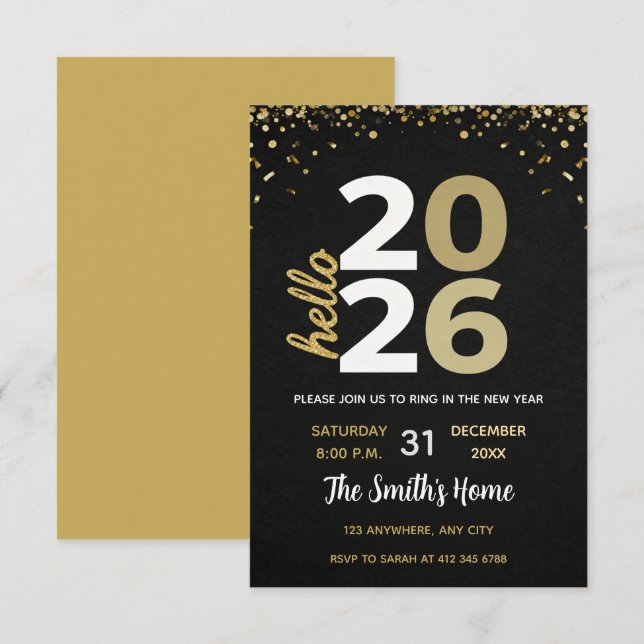 Invitación Chic 2026 New Year' Eve Party Gold Glitter Black  (Anverso / Reverso)
