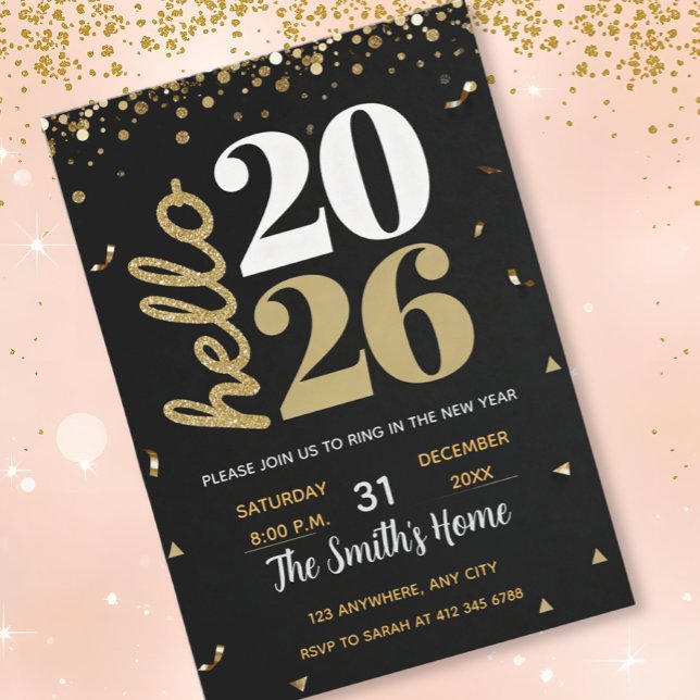 Invitación Chic 2026 New Year' Eve Party Gold Glitter Black  (Subido por el creador)