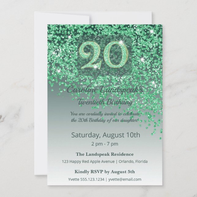 Invitación Chic 20th Birthday Green Glitter (Anverso)