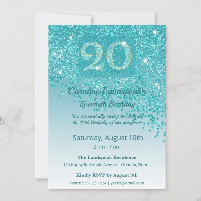 Invitación Chic 20th Birthday Teal Blue Glitter (Anverso)