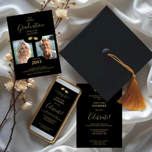 Invitación Chic 2-Photo Twins Graduation Fake Golden Black