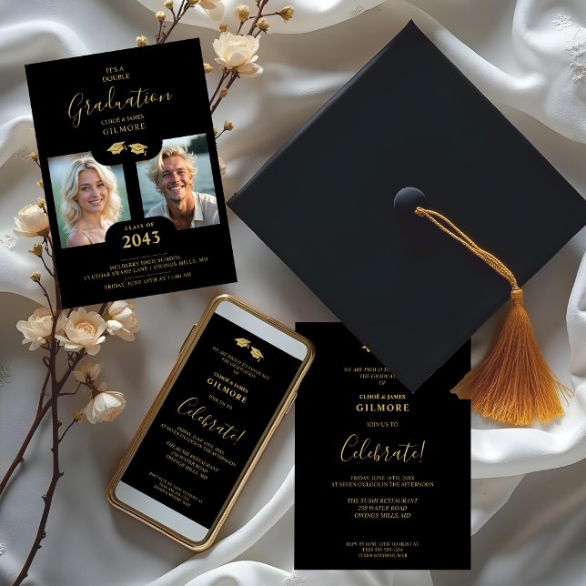 Invitación Chic 2-Photo Twins Graduation Fake Golden Black (Chic 2-Photo Double Twins Graduation Fake Golden and Black Whimsical Modern Calligraphy Invites.)