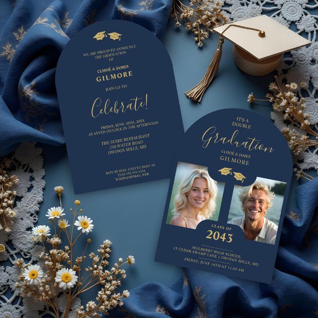Invitación Chic 2-Photo Twins Graduation Fake Golden Blue (Chic 2-Photo Double Twins Graduation Fake Golden and Blue Whimsical Modern Calligraphy Invitation.)