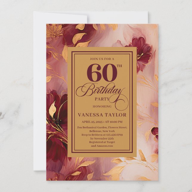 Invitación Chic 60th Birthday Marsala Blush Gold Boho Invite (Anverso)