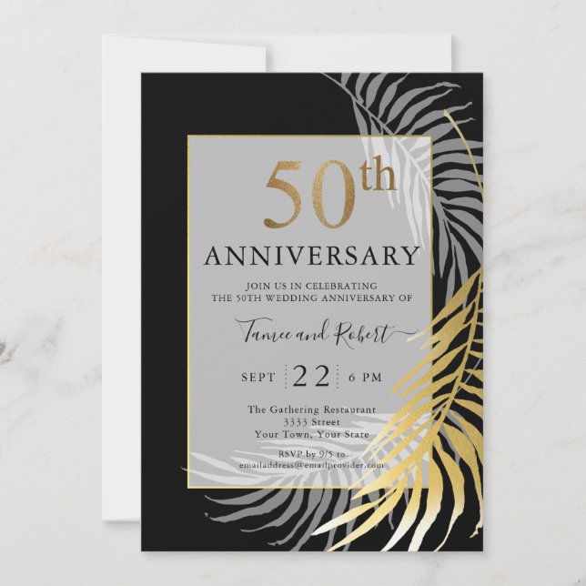 Invitación Chic Aniversario de Bodas 50 Negro Oro Blanco (Anverso)