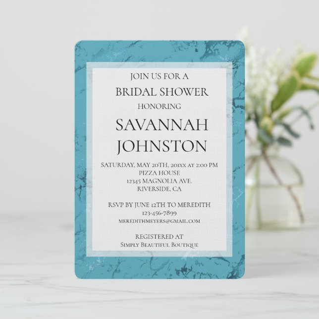 Invitación Chic Aqua Azul Mármol Despedida de soltera (Anverso de pie)