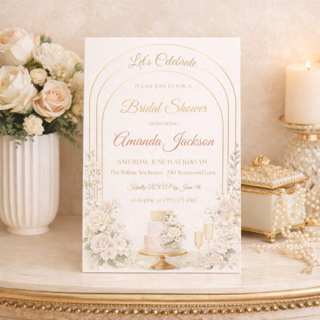 Invitación Chic Arco Dorado Rosado (Blush florals and gold arch lines set the tone for a refined bridal shower gathering)