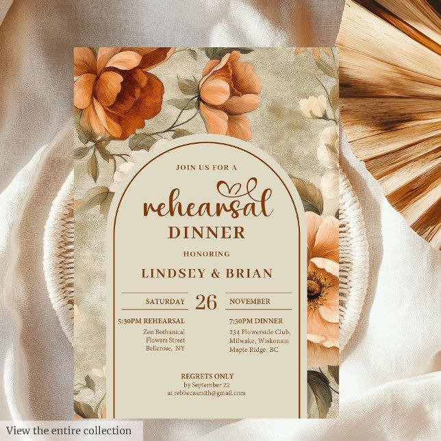 Invitación Chic Atemporal Cobre Beige Oliva Floral Ensayo (Timeless Copper Beige Olive Floral Rehearsal Invitation)