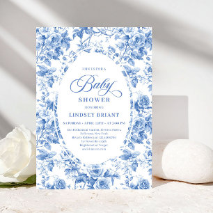 Invitación Chic Atemporal Royal Azul Toile de Jouy Baby Showe