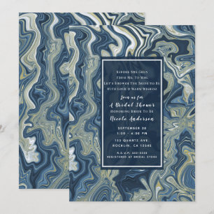 Invitación Chic Azul Blanco Dorado con Remolino Moderno Té de