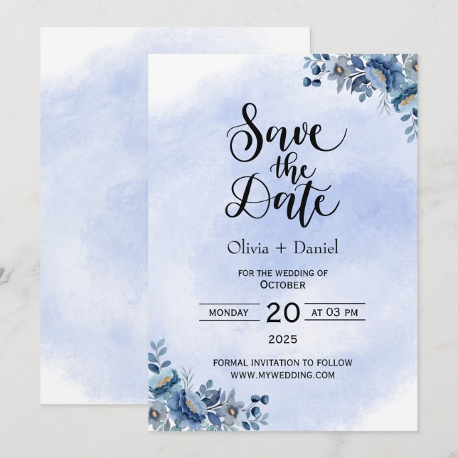 Invitación Chic azul floral boda guardar la fecha (Anverso / Reverso)