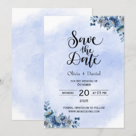 Invitación Chic azul floral boda guardar la fecha
