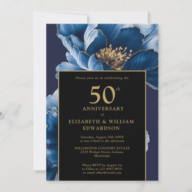 Invitación Chic Azul Floral Negro Y Dorado 50 Aniversario (Anverso)