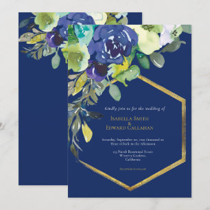 Invitación Chic Azul Marino Acuarela Floral Marco Geométrico