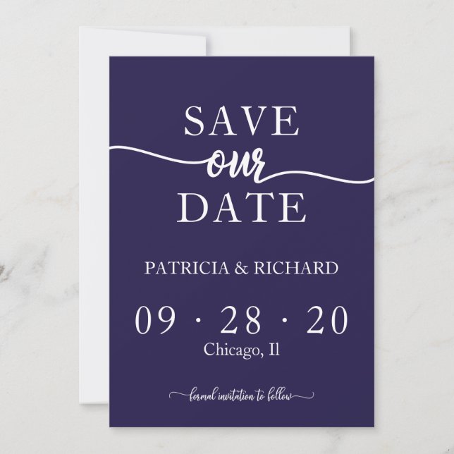 Invitación Chic Azul Marino Caligrafía Boda Guardar La Fecha (Anverso)