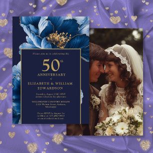 Invitación Chic Azul Marino Dorado Floral 50 Aniversario Foto