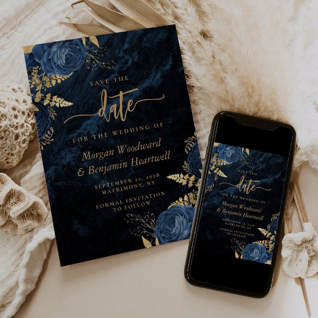 Invitación Chic Azul Marino Dorado Floral Boda Guardar la Fec (Subido por el creador)