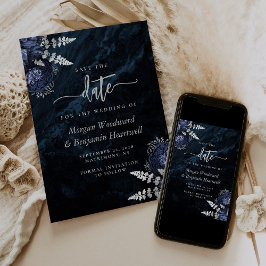Invitación Chic Azul Marino Floral Plateado Ahorra la Fecha d