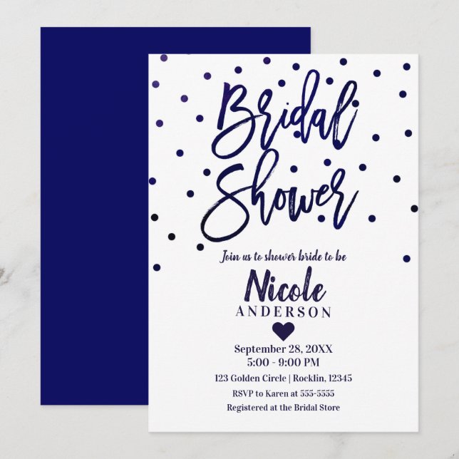 Invitación Chic Azul Marino Moderno Ducha de Novia Script (Anverso / Reverso)