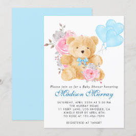 Invitación Chic Azul Rosa Gris Floral Oso de Peluche Baby Sho