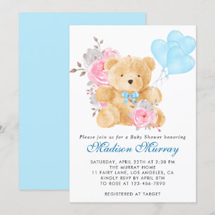 Invitación Chic Azul Rosa Gris Floral Oso de Peluche Baby Sho