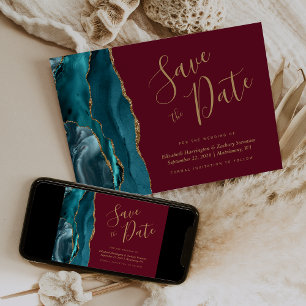 Invitación Chic Azul Teal Oro Ágata Borgoña Save the Date