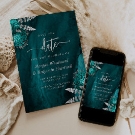 Invitación Chic Azul Teal Plateado Floral Boda Guardar la Fec