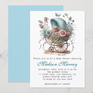 Invitación Chic Azul y Rosa Floral Cochecito de Bebé Regalo