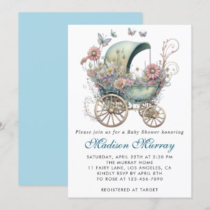 Invitación Chic Azul y Rosa Floral Cochecito de Bebé Regalo