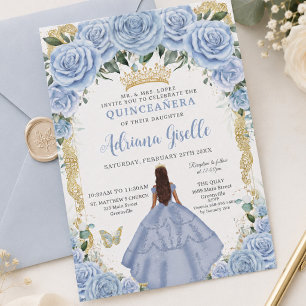 Invitación Chic Baby Blue Flores Marrón Princesa Quinceañera