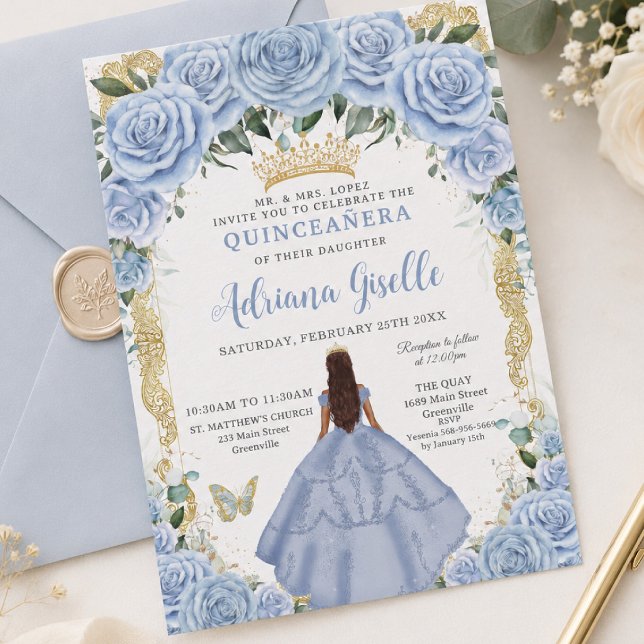 Invitación Chic Baby Blue Flores Marrón Princesa Quinceañera (Subido por el creador)