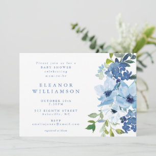 Invitación Chic Baby Shower Floral Acuarela Azul Claro