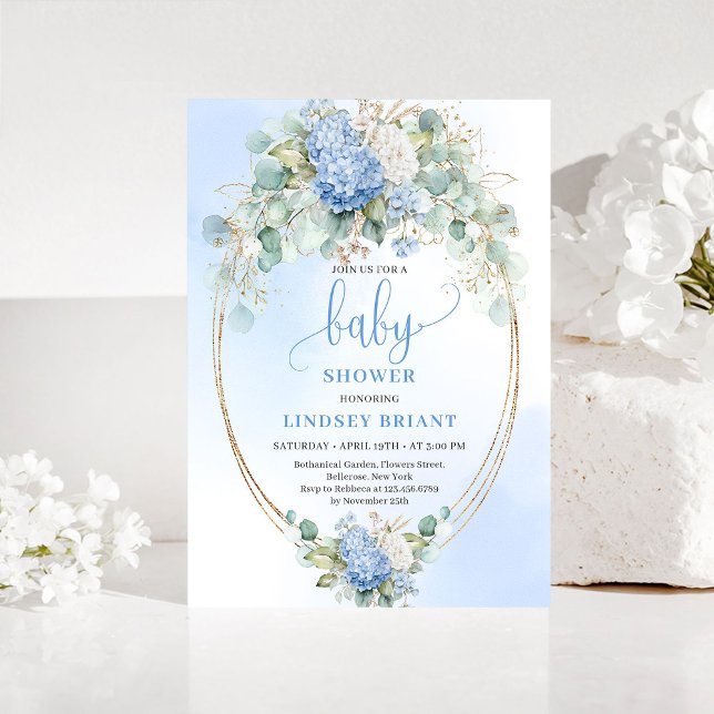 Invitación Chic Baby Shower Invitation Blue Hydrangeas Gold (Chic Baby Shower Invitation Blue Hydrangeas Gold)